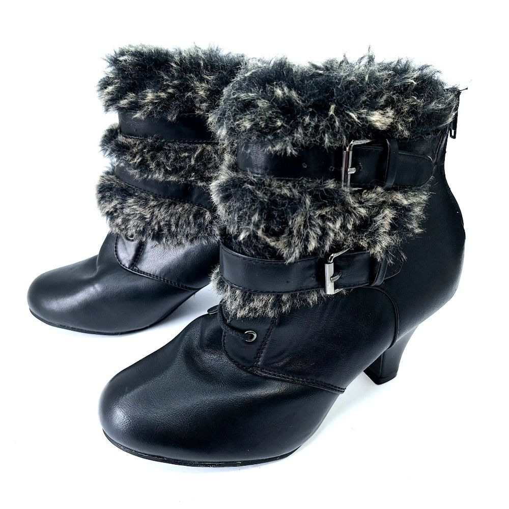 Dressbarn Black Faux Fur Belted High Heel Stiletto Ankle Boots Sz 8